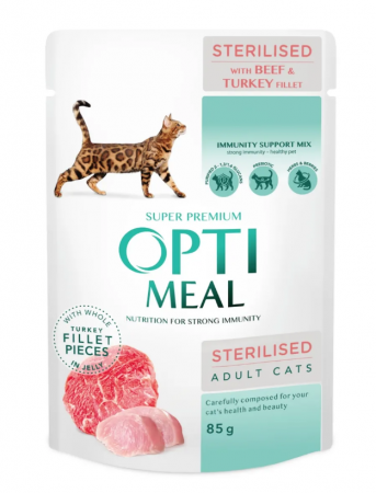 OPTIMEAL CAT PLIC STERILISED CU VITĂ ȘI CURCAN 85g