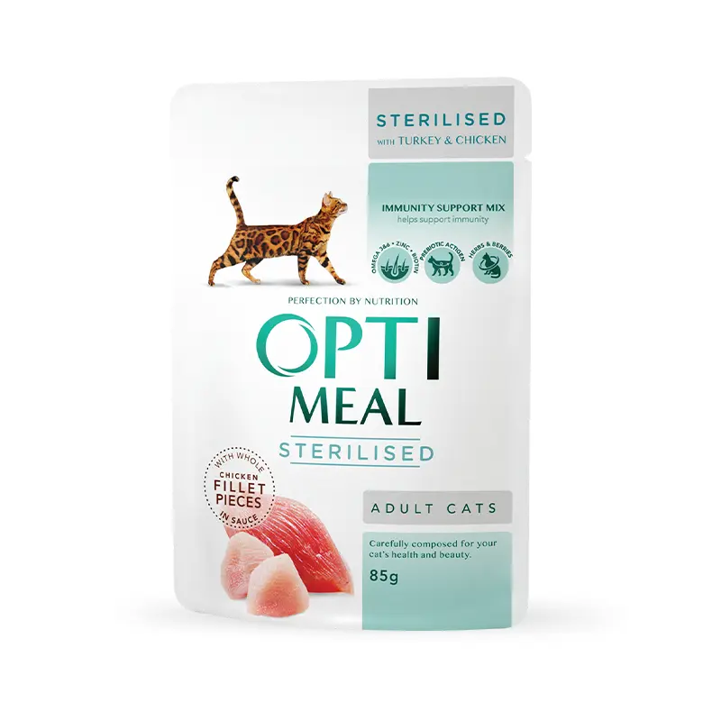 OPTIMEAL CAT PLIC STERILISED DIN CURCAN CU PUI 85g