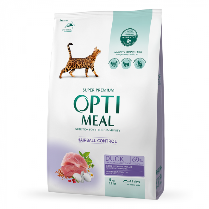 Diete veterinare Pisici - Optimeal Hairball Control Hrana uscata pisici adulte - cu Rata, 4kg