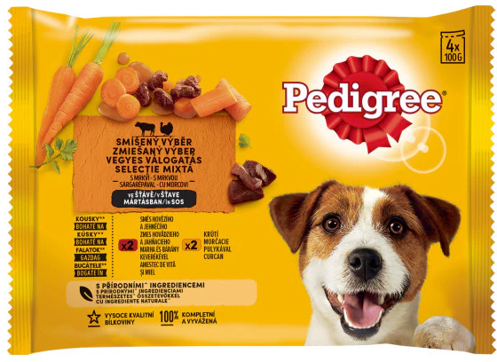 Hrană umedă - PEDIGREE Pachet plicuri pt. câini Adulţi, cu Vită, Miel, Curcan, Morcovi 4x100g