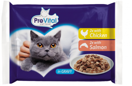 Hrană umedă - Hrana umeda pentru pisici Prevital Adult, Pui si Somon, 4x100g