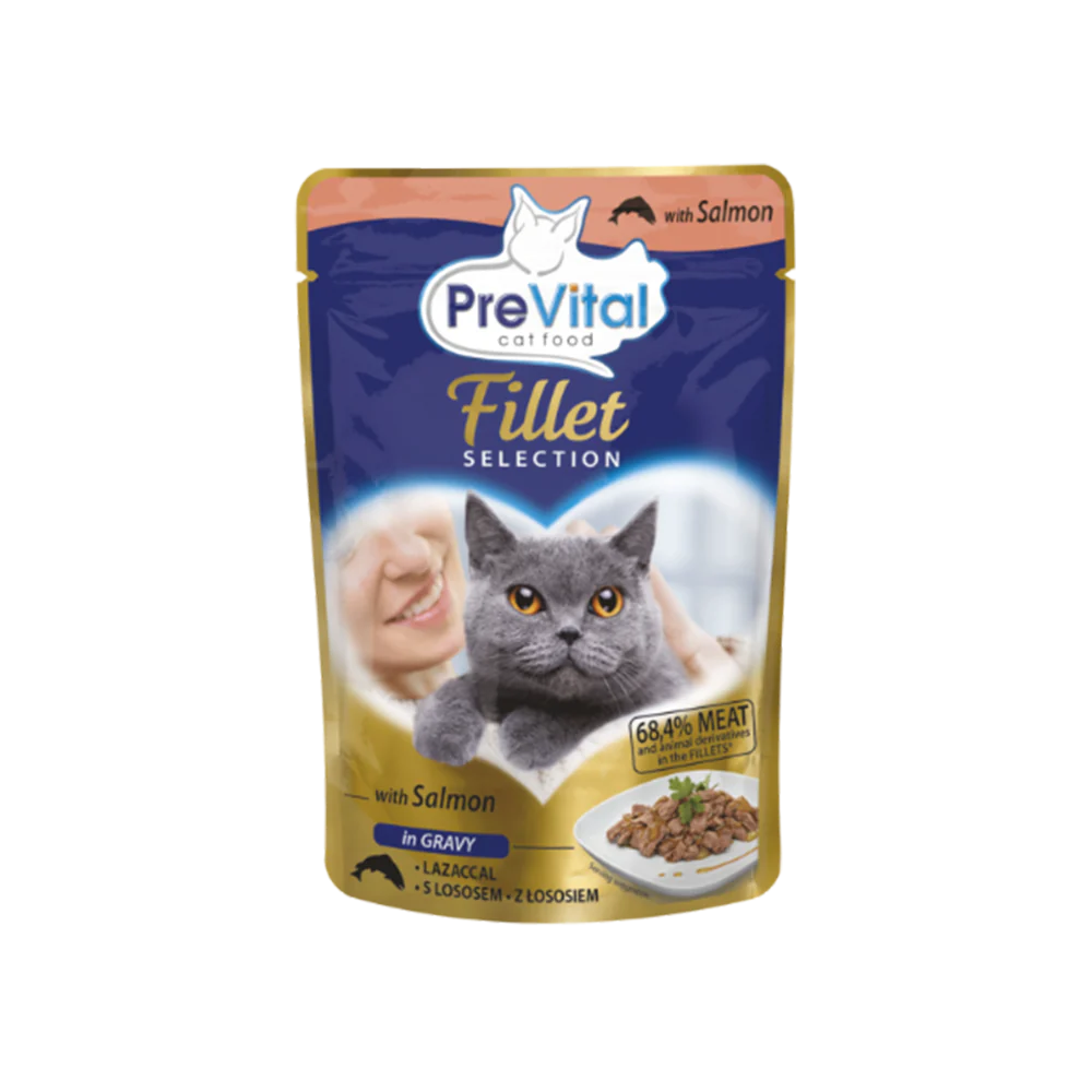 Hrană umedă - Plic PreVital Fillet pentru pisici adulte Cu somon în sos 85 g
