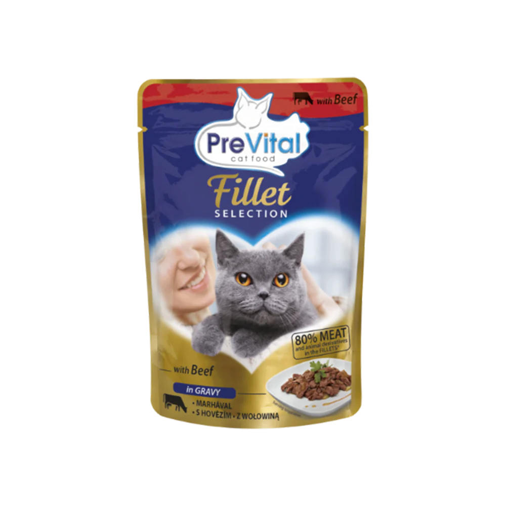 Hrană umedă - Plic PreVital Fillet pentru pisici adulte Cu vită în sos 85 g