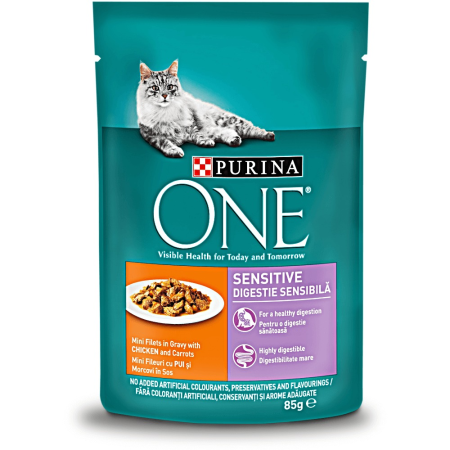 Hrană umedă - Hrana umeda pentru pisici cu pui si morcov Purina One Sensitive 85g