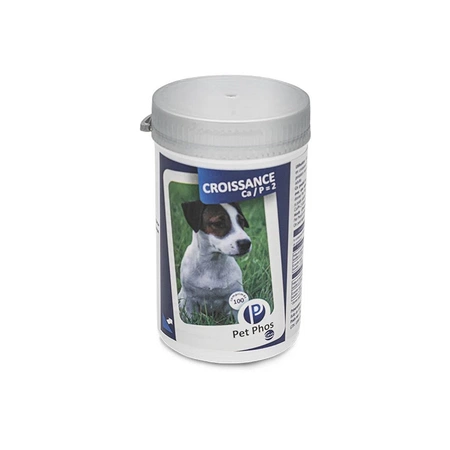 Vitamine & Suplimente - Supliment vitamino-mineral recomandat cainilor juniori de talie mica si medie Pet Phos Croissance Ca/P=2, 100 comprimate divizabile
