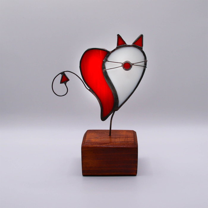 Decor Inima Pisica din Vitraliu – cadou handmade cu suport din lemn [2]