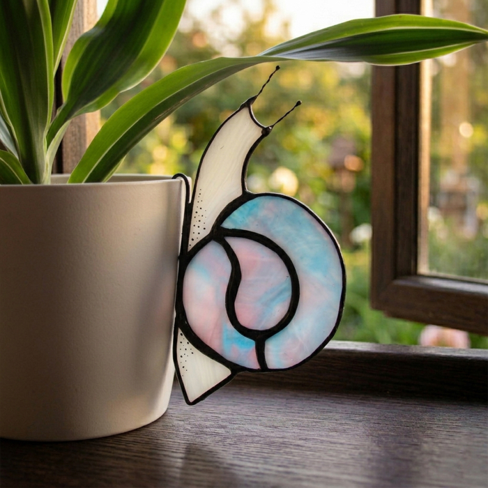 Melc Decorativ Bleu pentru Ghiveci – vitraliu handmade cu accente roz [2]