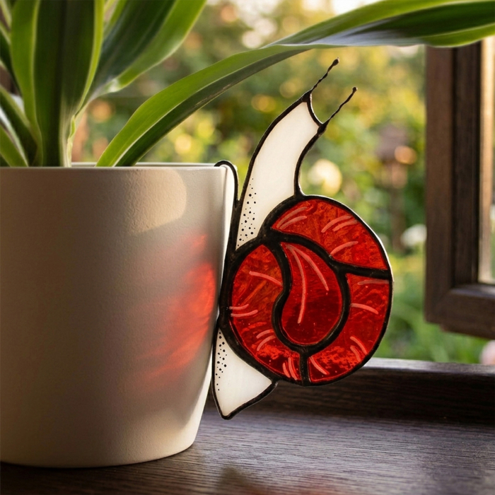 Melc Decorativ Rosu pentru Ghiveci – decor handmade din vitraliu [2]