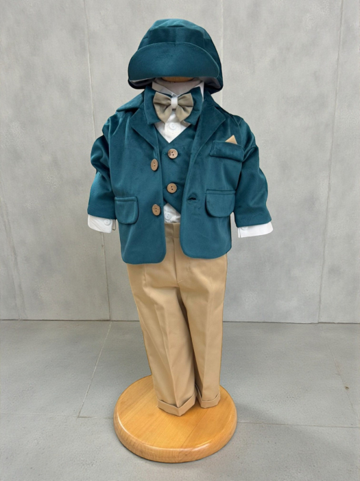 Costum botez catifea, camasa, sapca, papion, culoare verde petrol 0-3luni, Gabrielle Bebe, GBR40/100 [3]