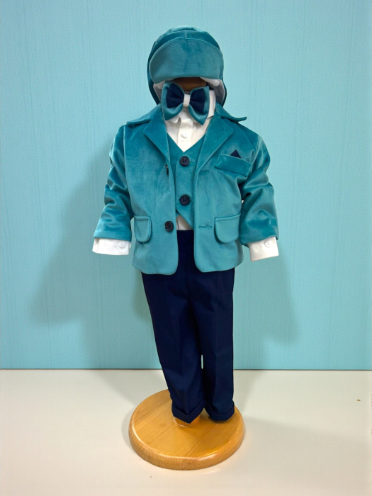 Costum botez catifea, camasa, sepcuta,  papion, culoare bleau  0-3 luni,  Gabrielle Bebe, GBR65/100 [3]