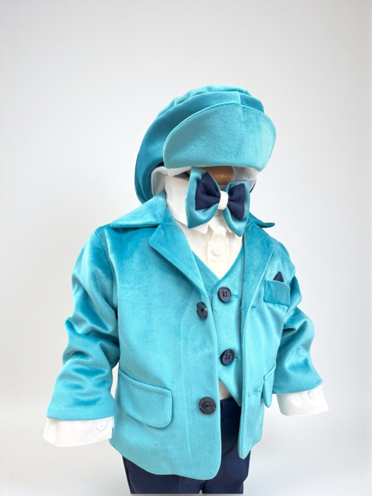 Costum botez catifea, camasa, sepcuta,  papion, culoare bleau  0-3 luni,  Gabrielle Bebe, GBR65/100 [2]