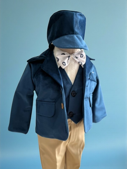 Costum botez catifea, camasa, sepcuta,  papion, culoare bleaumarin  0-3 luni,  Gabrielle Bebe, GBR74/100 [2]