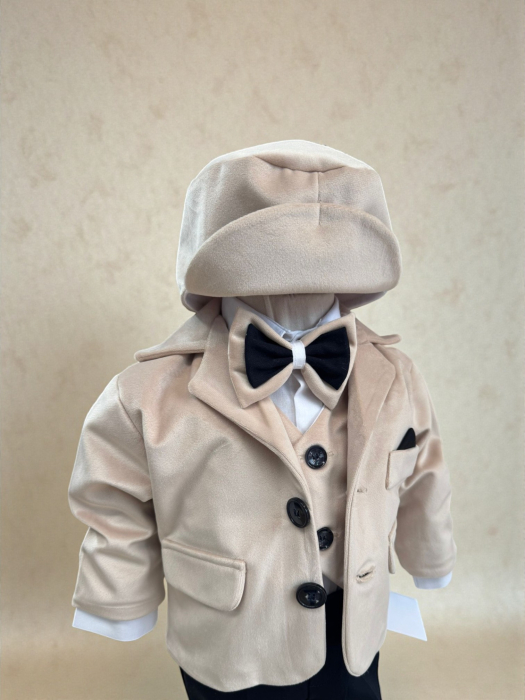Costum botez catifea, camasa, sepcuta,  papion, culoare crem  0-3 luni,  Gabrielle Bebe, GBR78/100 [2]