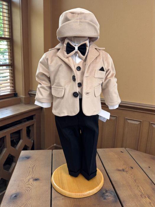 Costum botez catifea, camasa, sepcuta,  papion, culoare crem  0-3 luni,  Gabrielle Bebe, GBR78/100 [3]