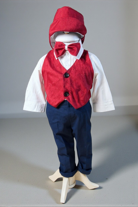 Costum botez catifea, camasa, sepcuta,  papion, culoare rosu  0-3 luni,  Gabrielle Bebe, GBR68/100 [2]