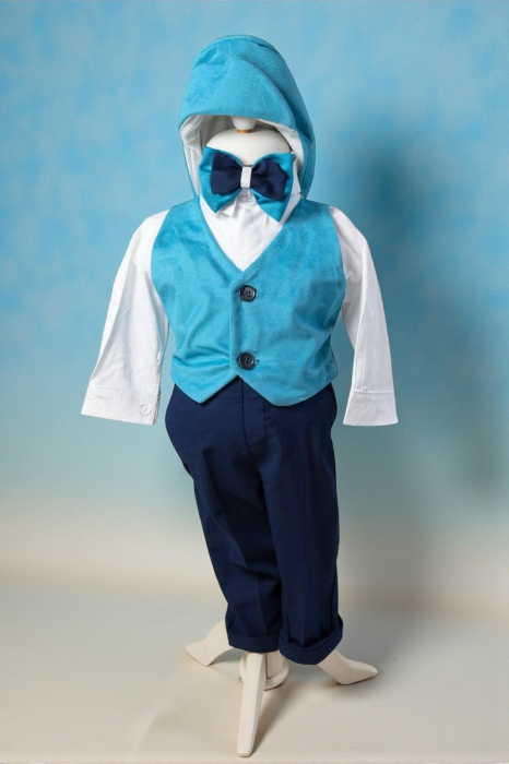 Costum botez catifea, camasa, sepcuta,  papion, culoare turqoise 0-3 luni,  Gabrielle Bebe, GBR94/100 [3]