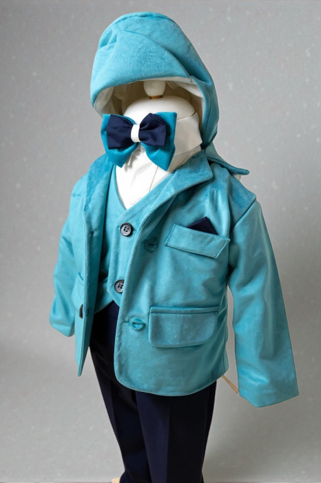 Costum botez catifea, camasa, sepcuta,  papion, culoare turqoise 0-3 luni,  Gabrielle Bebe, GBR94/100 [2]