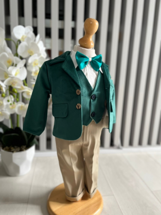 Costum botez catifea, camasa, sepcuta,  papion, culoare verde  0-3 luni,  Gabrielle Bebe, GBR71/100 [3]