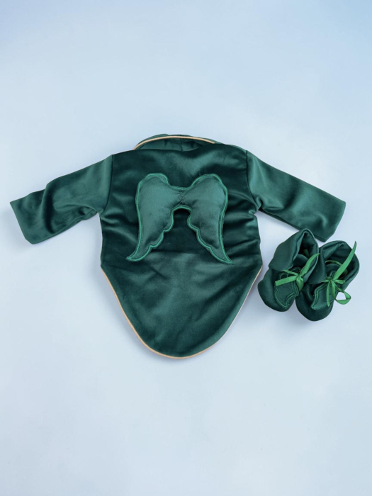 Costum botez inger, cu aripi inger detasabile, body, botosei, boneta, culoare verde 0-3 luni, Gabrielle Bebe, GBR31/100 [4]