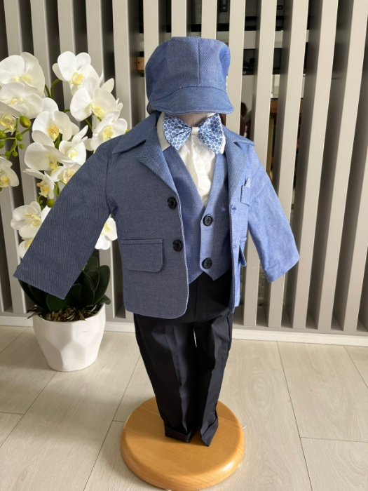 Costum botez stofa subtire, camasa,  sepcuta ,  papion, culoare albastru denim 0-3 luni,  Gabrielle Bebe, GBR49/100 [1]