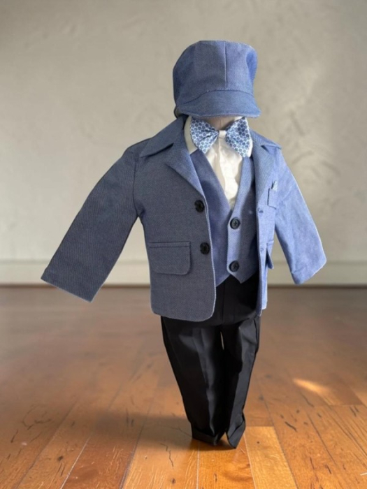 Costum botez stofa subtire, camasa,  sepcuta ,  papion, culoare albastru denim 0-3 luni,  Gabrielle Bebe, GBR49/100 [3]