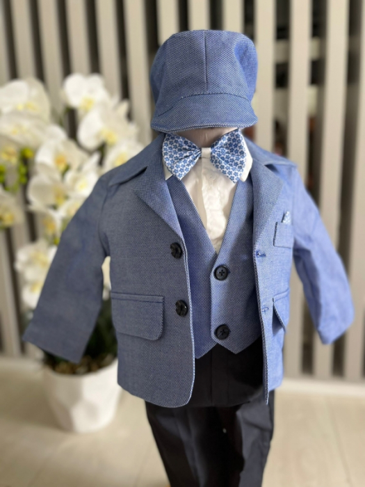 Costum botez stofa subtire, camasa,  sepcuta ,  papion, culoare albastru denim 0-3 luni,  Gabrielle Bebe, GBR49/100 [3]
