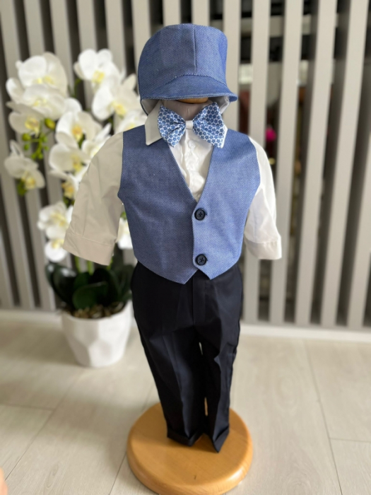 Costum botez stofa subtire, camasa,  sepcuta ,  papion, culoare albastru denim 0-3 luni,  Gabrielle Bebe, GBR49/100 [2]