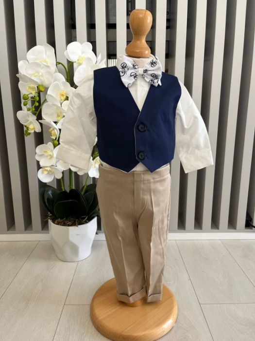 Costum botez stofa subtire, camasa,  sepcuta,  papion, culoare bleaumarin 0-3 luni,  Gabrielle Bebe, GBR56/100 [2]