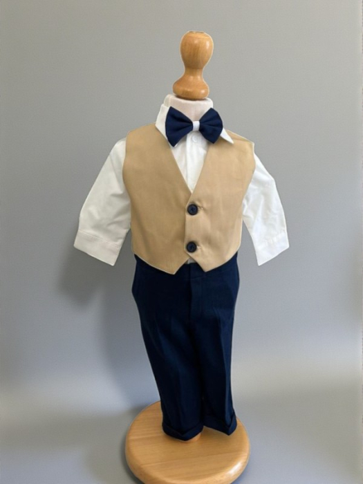 Costum botez stofa subtire, camasa,  sepcuta,  papion, culoare crem 0-3 luni,  Gabrielle Bebe, GBR81/100 [2]