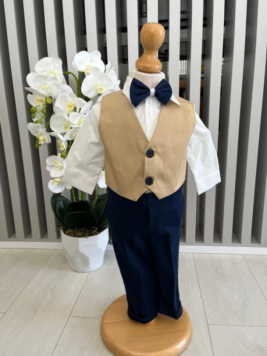 Costum botez stofa subtire, camasa,  sepcuta,  papion, culoare crem 0-3 luni,  Gabrielle Bebe, GBR81/100 [2]