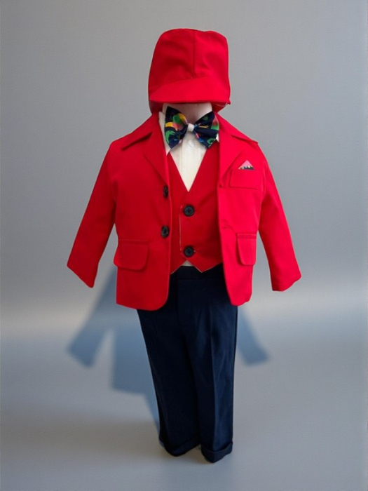 Costum botez stofa subtire, camasa,  sepcuta,  papion, culoare rosu 0-3 luni,  Gabrielle Bebe, GBR84/100 [3]