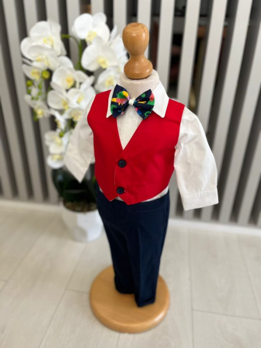 Costum botez stofa subtire, camasa,  sepcuta,  papion, culoare rosu 0-3 luni,  Gabrielle Bebe, GBR84/100 [2]