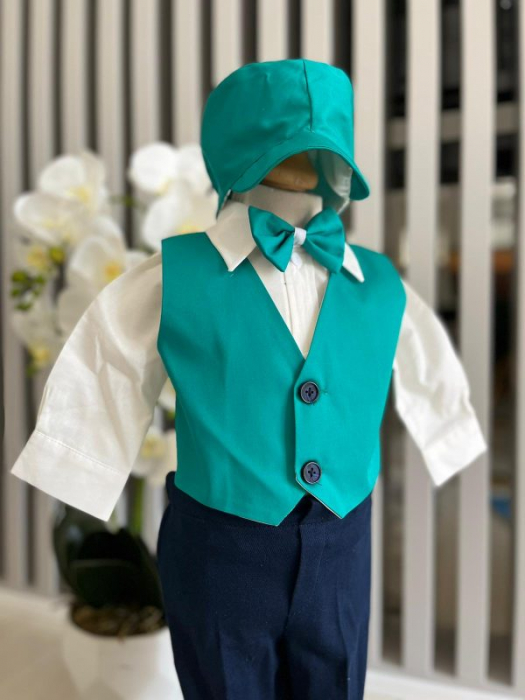 Costum botez stofa subtire, camasa,  sepcuta,  papion, culoare verde smarald 0-3 luni,  Gabrielle Bebe, GBR97/100 [2]