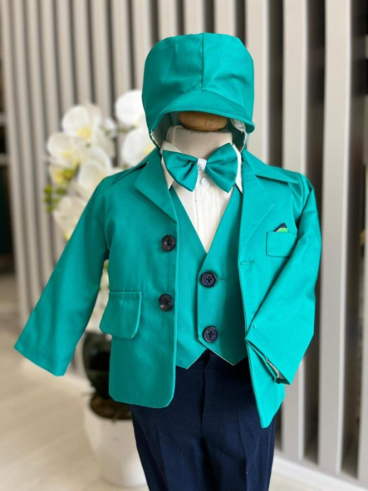 Costum botez stofa subtire, camasa,  sepcuta,  papion, culoare verde smarald 0-3 luni,  Gabrielle Bebe, GBR97/100 [3]