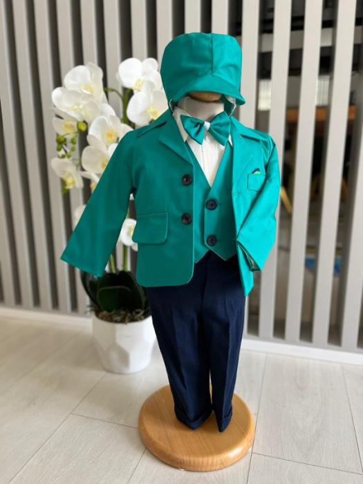 Costum botez stofa subtire, camasa,  sepcuta,  papion, culoare verde smarald 0-3 luni,  Gabrielle Bebe, GBR97/100 [1]