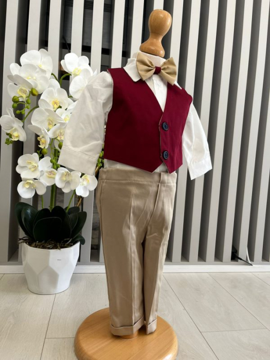Costum botez stofa subtire, camasa,  sepcuta,  papion, culoare visiniu 0-3 luni,  Gabrielle Bebe, GBR100/100 [3]