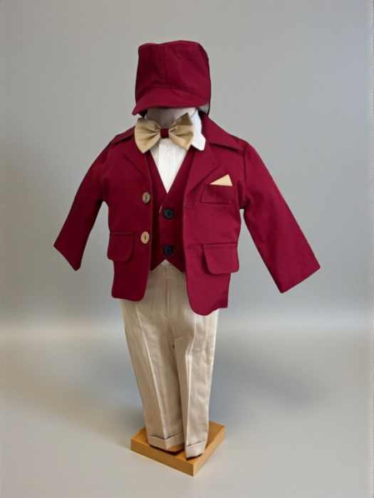 Costum botez stofa subtire, camasa,  sepcuta,  papion, culoare visiniu 0-3 luni,  Gabrielle Bebe, GBR100/100 [3]