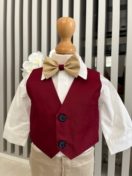 Costum botez stofa subtire, camasa,  sepcuta,  papion, culoare visiniu 0-3 luni,  Gabrielle Bebe, GBR100/100 [2]