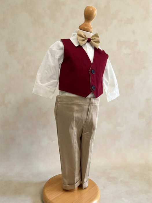 Costum botez stofa subtire, camasa,  sepcuta,  papion, culoare visiniu 0-3 luni,  Gabrielle Bebe, GBR100/100 [2]