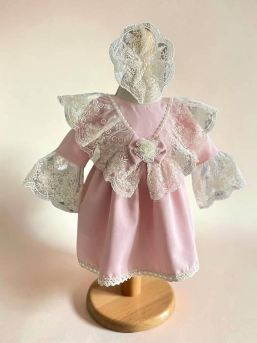 Rochita botez Barbie cu dantela brodata, cu bentita, culoare roz 0-4 luni, Gabrielle Bebe, GBR01/100 [2]