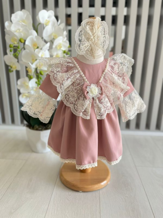 Rochita botez Barbie cu dantela brodata, cu bentita, culoare roz praf 0-4 luni, Gabrielle Bebe, GBR04/100 [2]