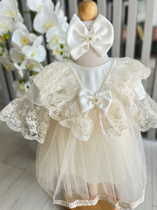 Rochita botez Tutu cu dantela brodata, cu bentita, culoare ivoire 0-4 luni, Gabrielle Bebe, GBR10/100 [2]