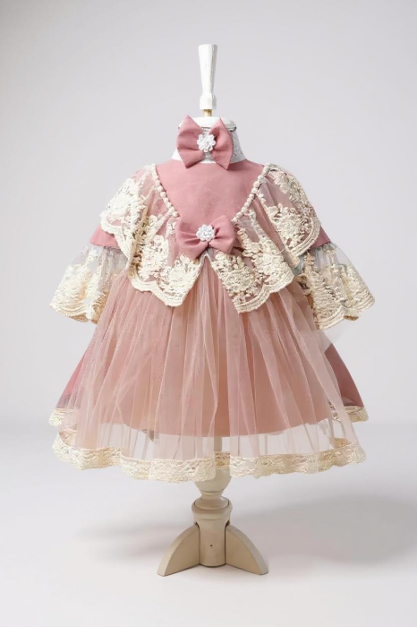 Rochita botez Tutu cu dantela brodata, cu bentita, culoare roz praf 0-4 luni, Gabrielle Bebe, GBR13/100 [3]