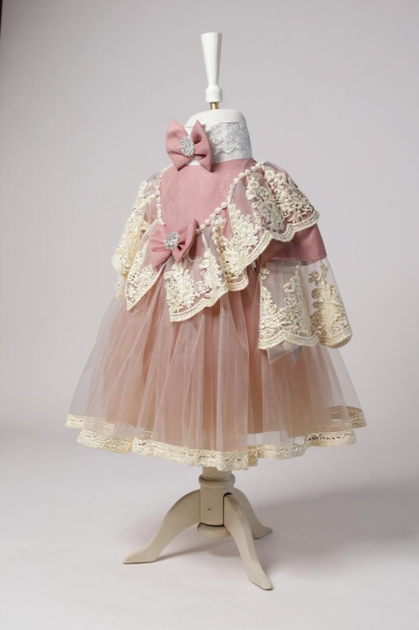 Rochita botez Tutu cu dantela brodata, cu bentita, culoare roz praf 0-4 luni, Gabrielle Bebe, GBR13/100 [2]