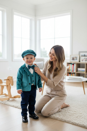 Baieti - Costum botez catifea, camasa, sepcuta,  papion, culoare bleau  0-3 luni,  Gabrielle Bebe, GBR65/100