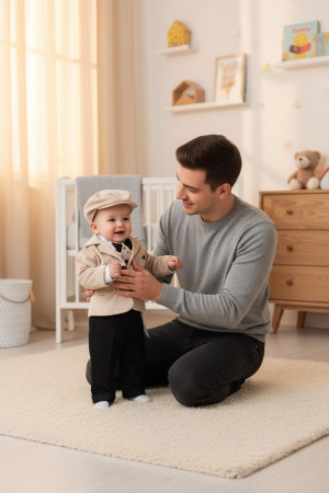 Baieti - Costum botez catifea, camasa, sepcuta,  papion, culoare crem  0-3 luni,  Gabrielle Bebe, GBR78/100