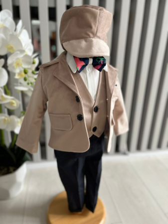 Baieti - Costum botez catifea, camasa, sepcuta,  papion, culoare crem  0-3 luni,  Gabrielle Bebe, GBR78/100