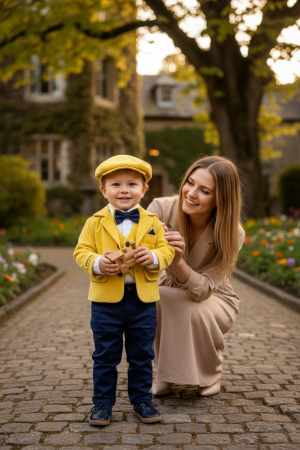 Baieti - Costum botez catifea, camasa, sepcuta,  papion, culoare galben  0-3 luni,  Gabrielle Bebe, GBR77/100