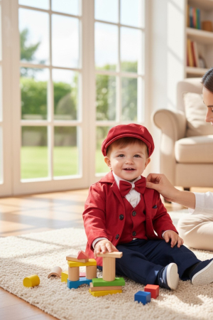 Baieti - Costum botez catifea, camasa, sepcuta,  papion, culoare rosu  0-3 luni,  Gabrielle Bebe, GBR68/100