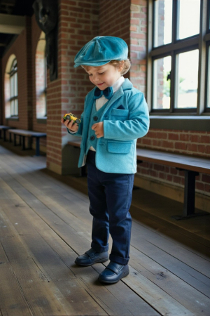 Baieti - Costum botez catifea, camasa, sepcuta,  papion, culoare turqoise 0-3 luni,  Gabrielle Bebe, GBR94/100